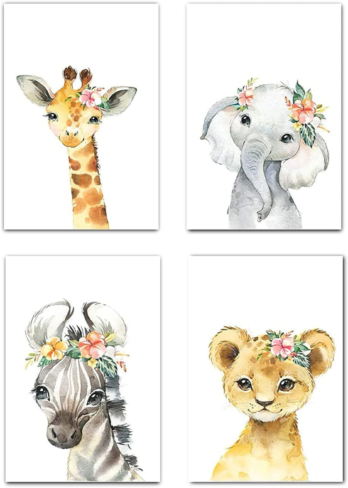Animal Safari Nursery Print Set - Baby Elephant, Giraffe, Zebra and Lion Prints - Woodland and Safari Nursery Decor - Baby Girl Room