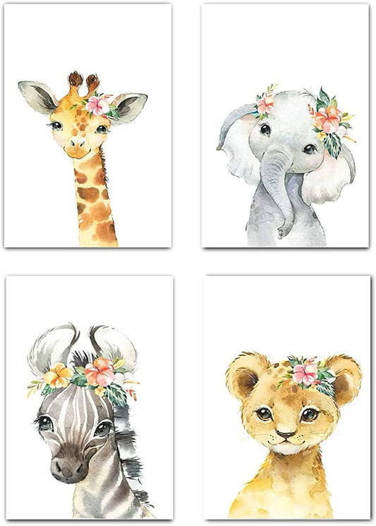 Animal Safari Nursery Print Set - Baby Elephant, Giraffe, Zebra and Lion Prints - Woodland and Safari Nursery Decor - Baby Girl Room