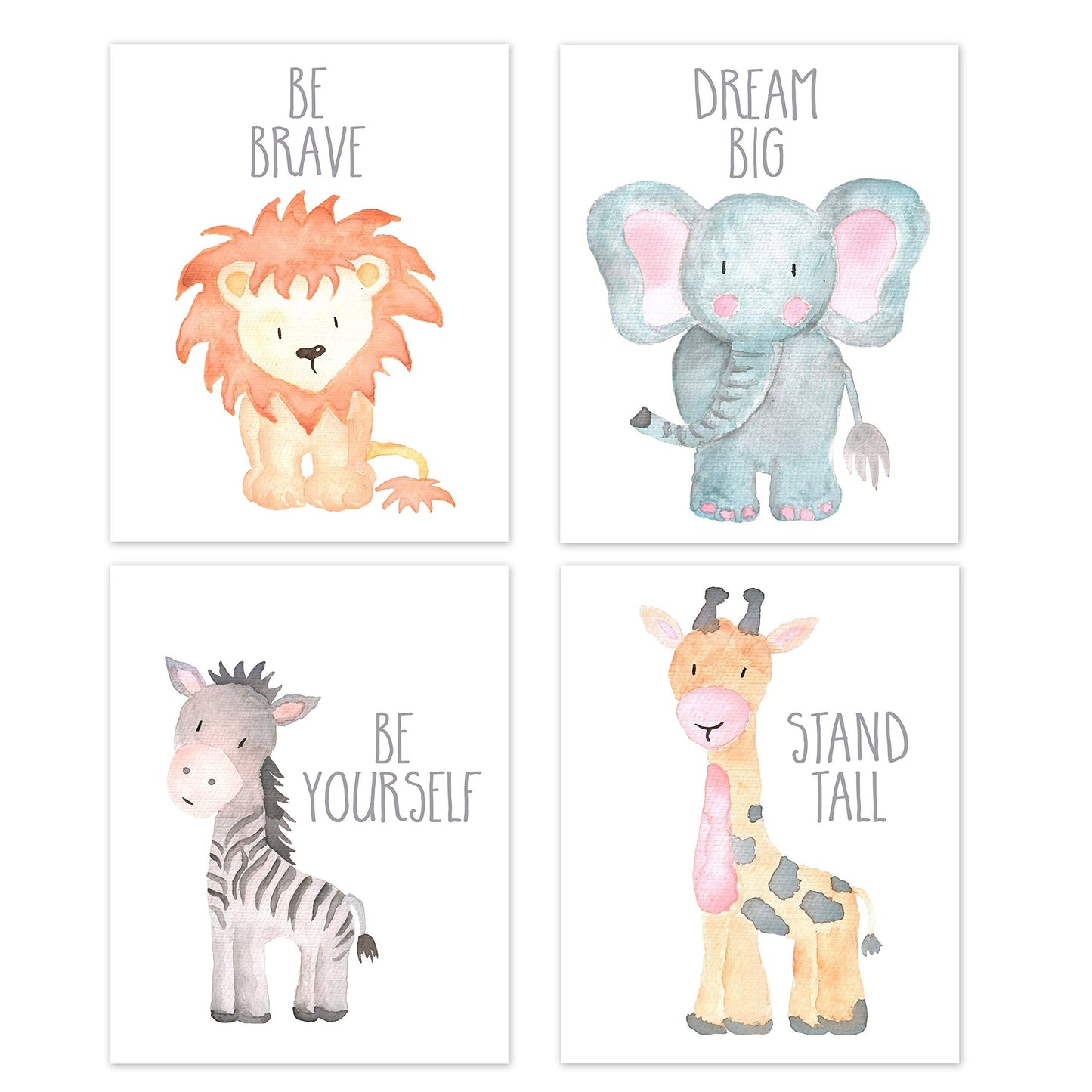 Adorable Baby Animal Nursery Prints Set - Elephant, Giraffe, Zebra, and Lion - Woodland and Safari Nursery Decor - Baby Girl Room